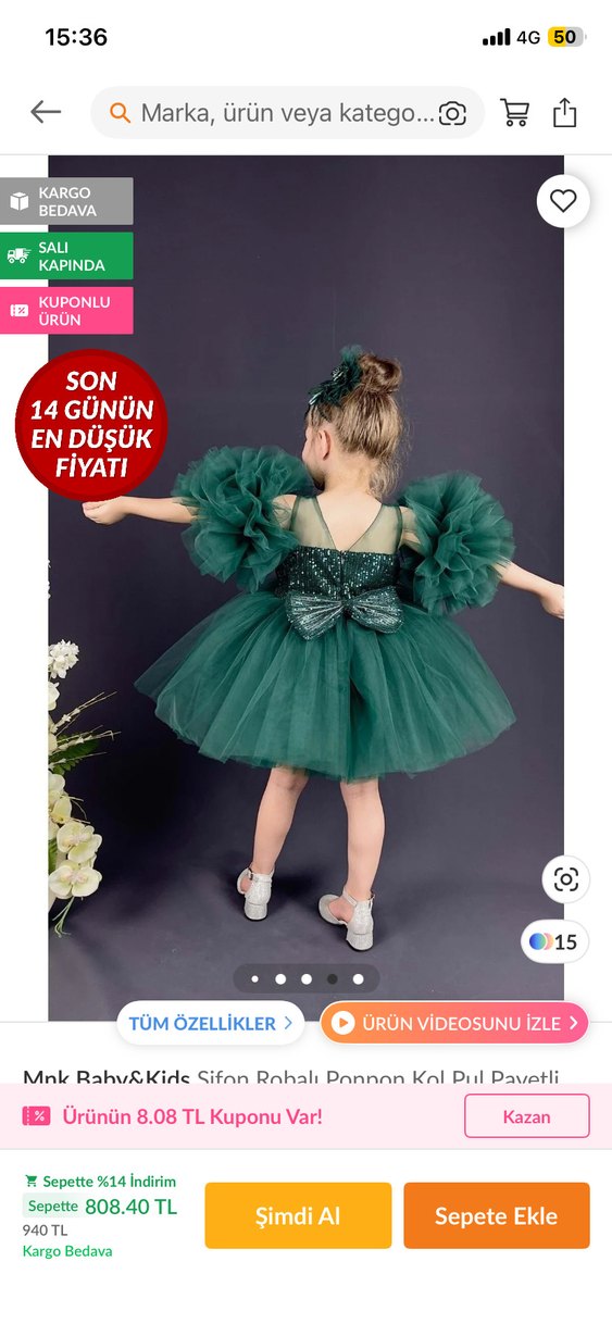 Yeşil Straplez Uzun Kollu Fırfırlı Kız Çocuk Elbise - Görsel 5