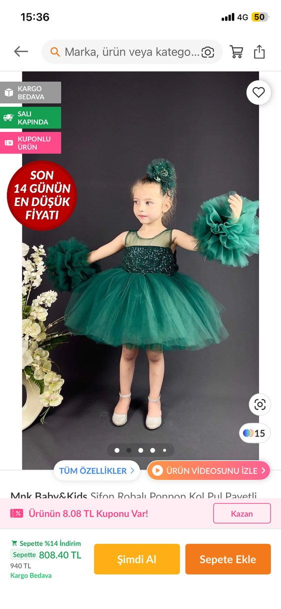 Yeşil Straplez Uzun Kollu Fırfırlı Kız Çocuk Elbise - Görsel 4