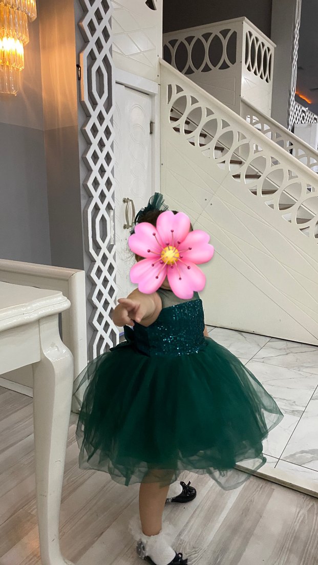 Yeşil Straplez Uzun Kollu Fırfırlı Kız Çocuk Elbise - Görsel 2