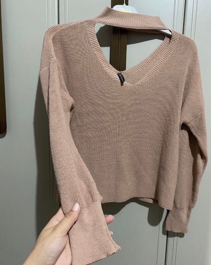 Bej V Yaka Kadın Triko Kazak - Görsel 3