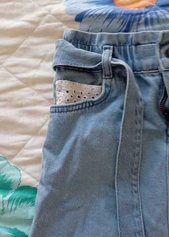 LC Waikiki Nakışlı Kemerli Mavi Kız Kot Etek