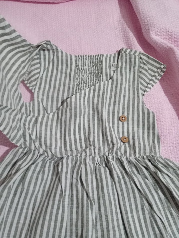 Kız Çocuk Gri Çizgili V Yaka Elbise - Görsel 2