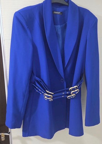 Mavi Kemerli Uzun Kadın Blazer Ceket - Görsel 2