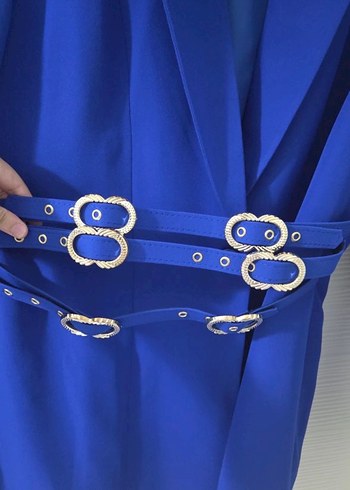 Mavi Kemerli Uzun Kadın Blazer Ceket - Görsel 3