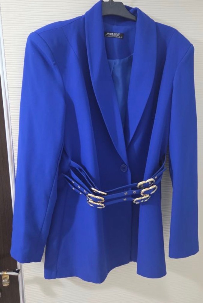 Mavi Kemerli Uzun Kadın Blazer Ceket - Görsel 2