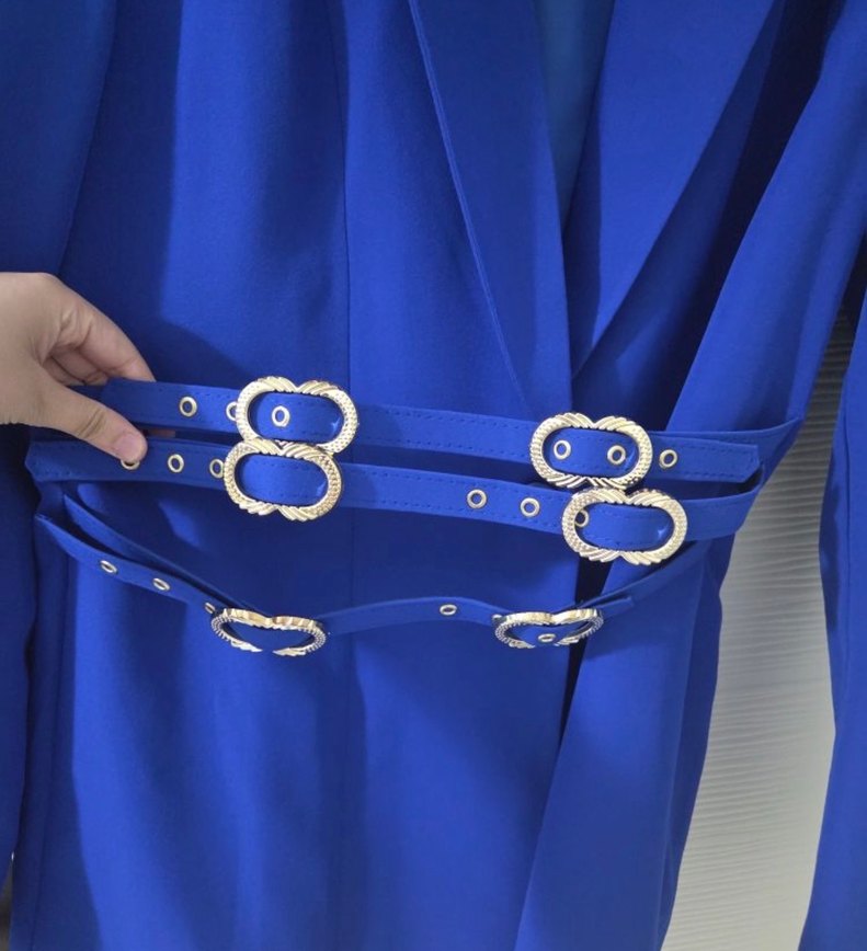 Mavi Kemerli Uzun Kadın Blazer Ceket - Görsel 3