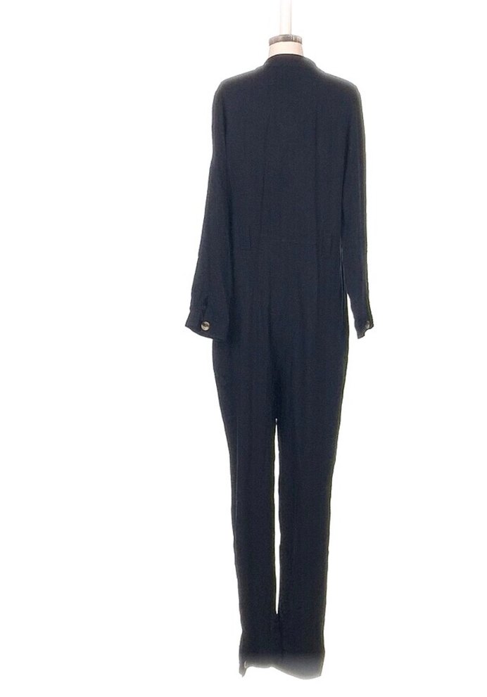 Düğmeli Siyah Kadın Keten Tulum - Görsel 4