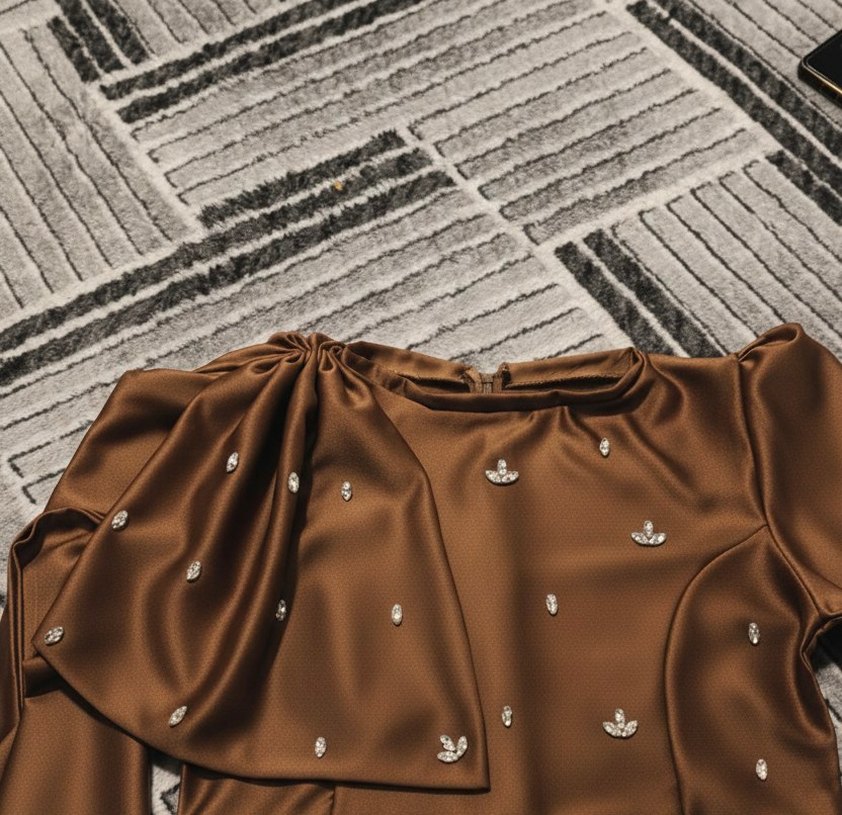 Kahverengi Uzun Kollu Tesettür Abiye Elbise - Görsel 2