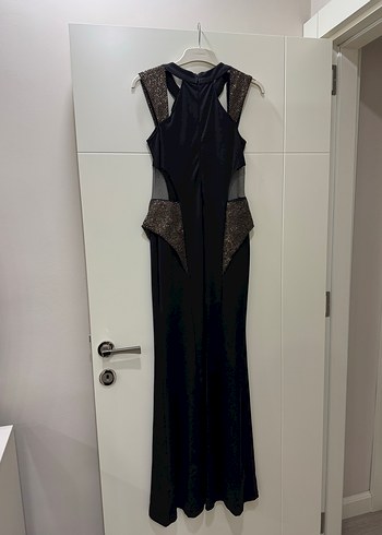 Siyah sim ve tül detaylı Uzun Abiye Elbise - Görsel 2