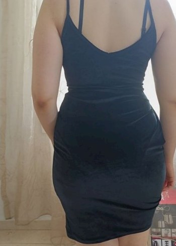 l Beden Siyah V Yaka Midi Drapeli Kadın Elbisesi