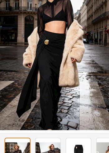 Drapeli Uzun Siyah  Etek - Görsel 4