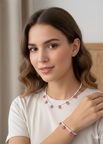 Pembe Boncuklu Çiçek Desenli Kadın Kolyesi ve bileklik seti - Görsel 2