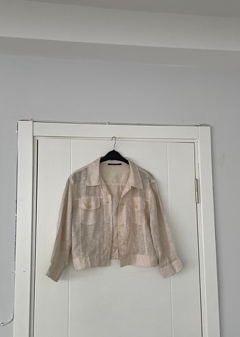 Bej Keten Düğmeli Kadın Gömlek - Görsel 7