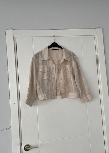 Bej Keten Düğmeli Kadın Gömlek - Görsel 8