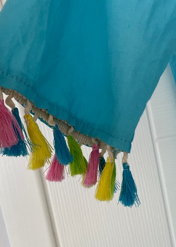 Püsküllü Turkuaz Uzun Bohem Kadın Kimono - Görsel 2