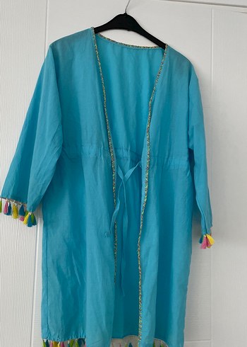Püsküllü Turkuaz Uzun Bohem Kadın Kimono - Görsel 7