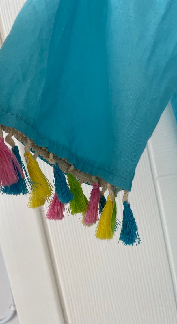 Püsküllü Turkuaz Uzun Bohem Kadın Kimono - Görsel 2