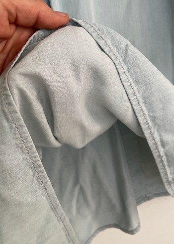 Düğmeli Uzun Kollu Gri Denim Kadın Gömlek - Görsel 9