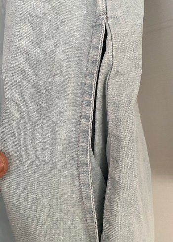 Düğmeli Uzun Kollu Gri Denim Kadın Gömlek - Görsel 5