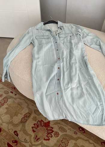 Düğmeli Uzun Kollu Gri Denim Kadın Gömlek - Görsel 11