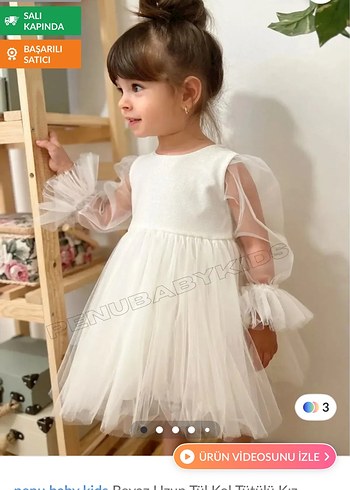 Uzun Kollu Beyaz Kız Çocuk Elbise