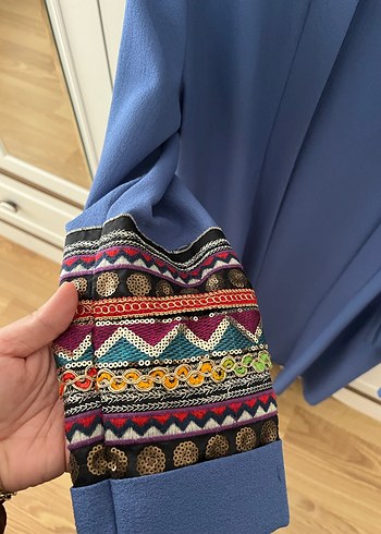 Diğer Nakış Detaylı Mavi Bohem Uzun Hamile Ceketi