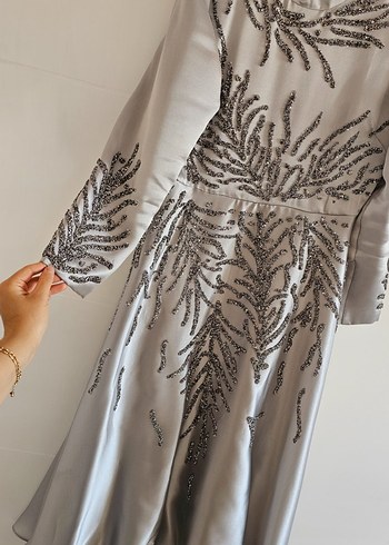 42 Beden Gri Uzun Kollu Tesettür Abiye Elbise
