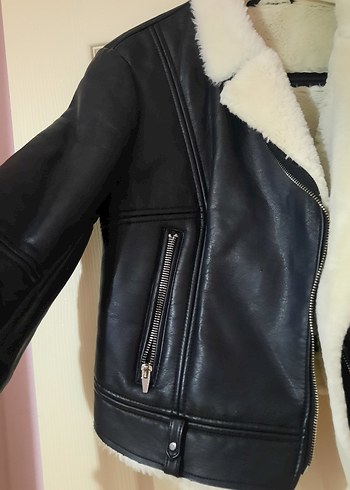 s Beden Kürklü Siyah Deri Biker Ceket