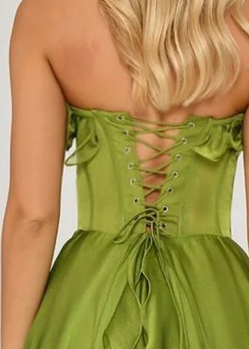 Yeşil Straplez Fırfırlı Uzun Abiye Elbise - Görsel 4