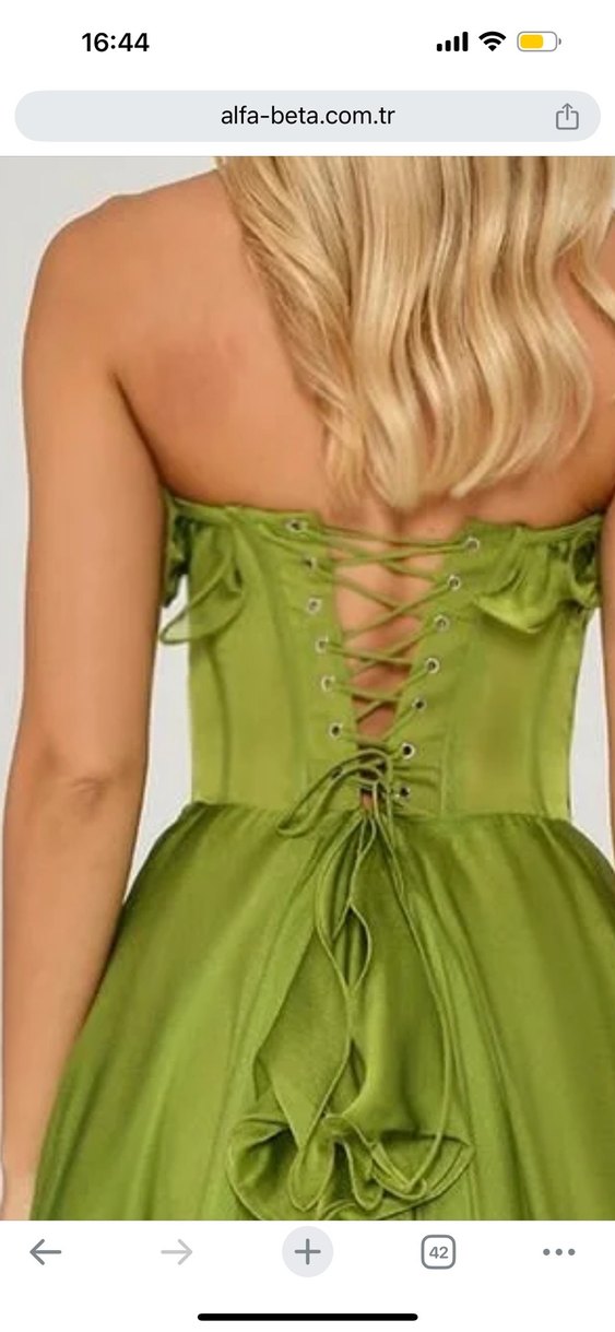 Yeşil Straplez Fırfırlı Uzun Abiye Elbise - Görsel 4