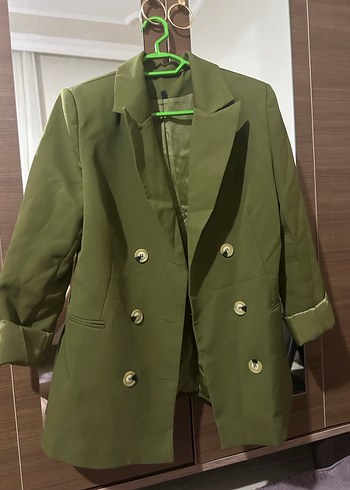 Kadın Haki Düğmeli Midi Blazer Ceket - Görsel 2