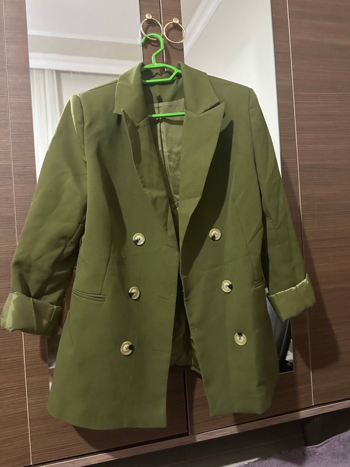 Kadın Haki Düğmeli Midi Blazer Ceket - Görsel 4