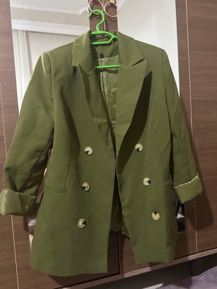 Kadın Haki Düğmeli Midi Blazer Ceket - Görsel 2