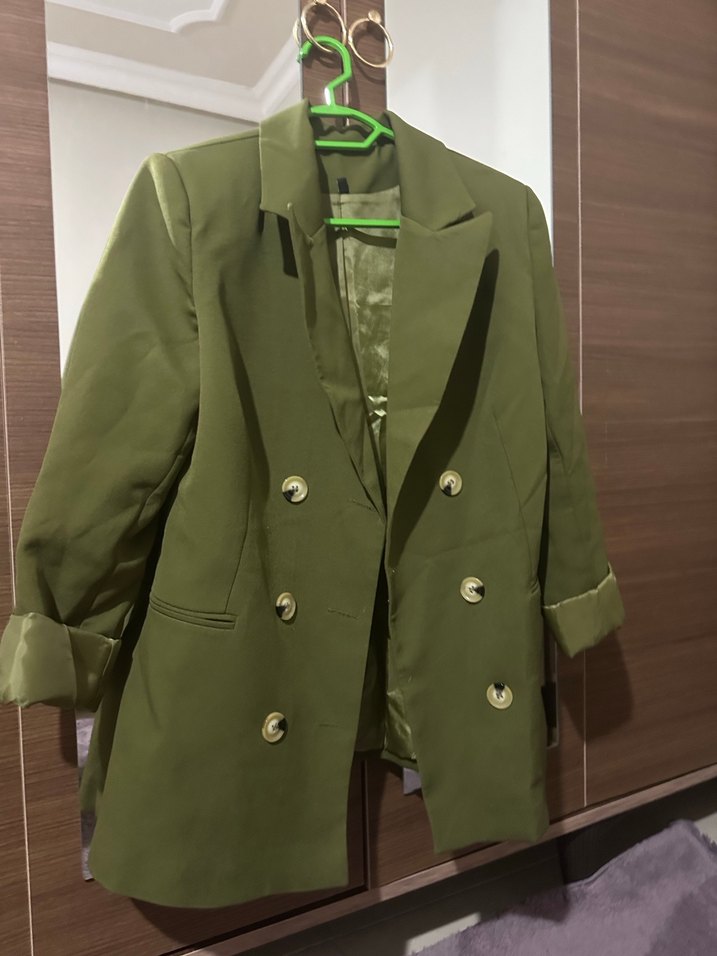 Kadın Haki Düğmeli Midi Blazer Ceket - Görsel 5