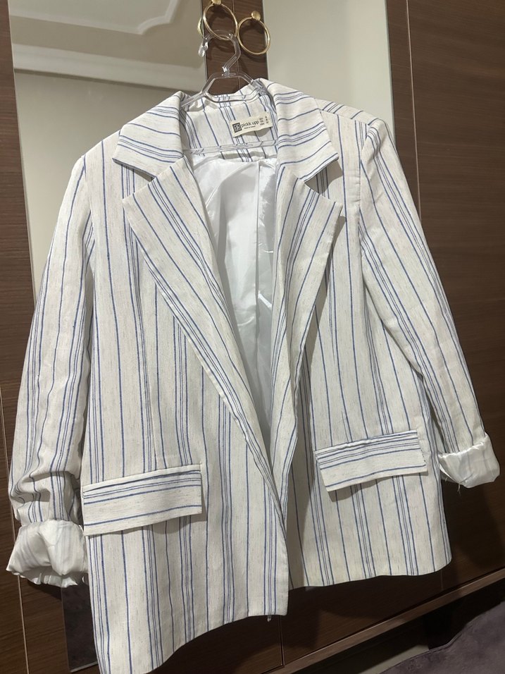 Çizgili Keten Midi Beyaz Kadın Blazer - Görsel 2