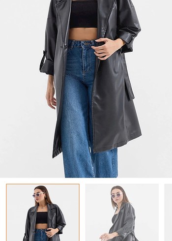 Kadın Siyah Deri Kuşaklı Uzun Trençkot - Görsel 3