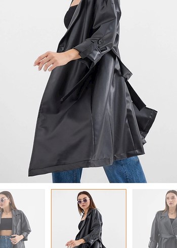 Kadın Siyah Deri Kuşaklı Uzun Trençkot - Görsel 2