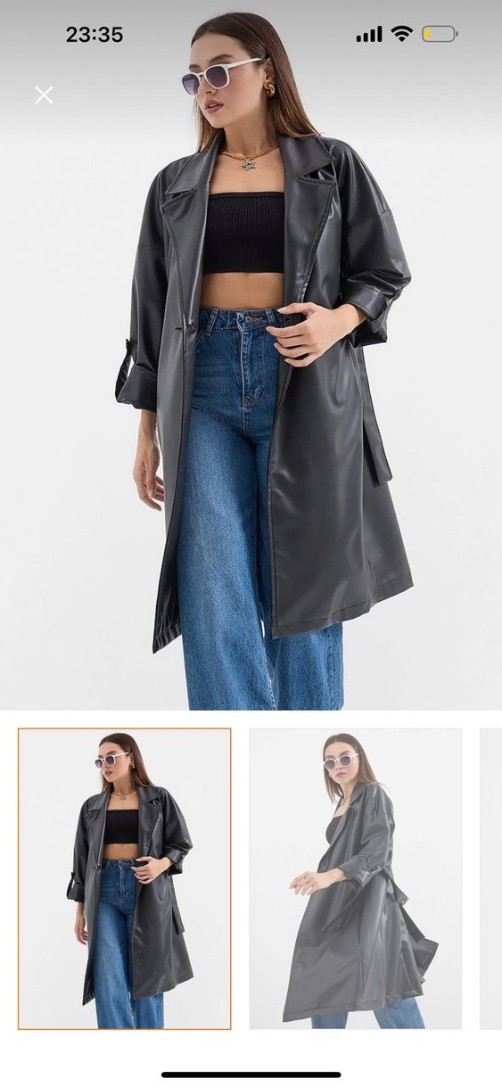 Kadın Siyah Deri Kuşaklı Uzun Trençkot - Görsel 3