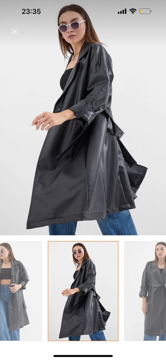 Kadın Siyah Deri Kuşaklı Uzun Trençkot - Görsel 2