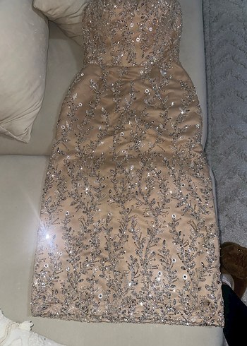 Uzun Kollu Işıltılı Midi  Abiye Elbise - Görsel 4