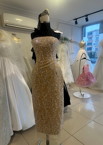 Uzun Kollu Işıltılı Midi  Abiye Elbise - Görsel 2