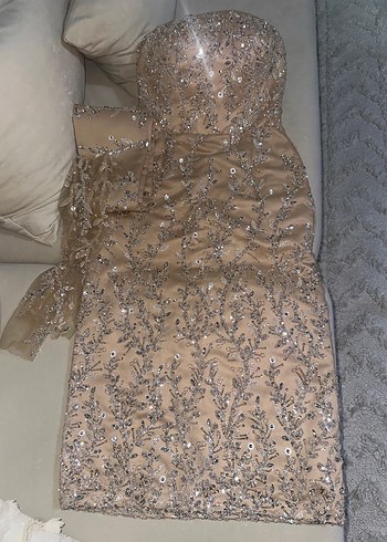 Uzun Kollu Işıltılı Midi  Abiye Elbise - Görsel 6