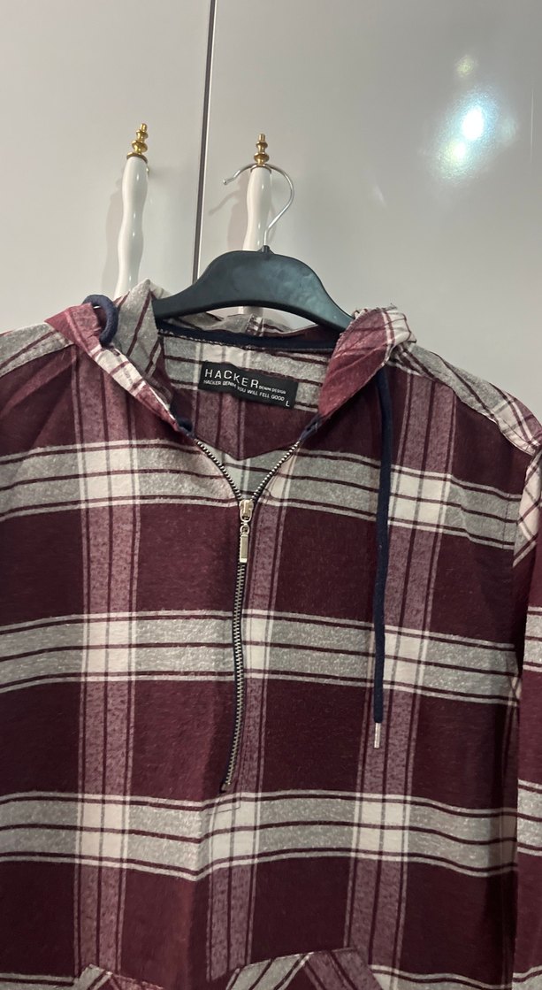 Bordo Ekose Desenli Fermuarlı Kadın Gömlek - Görsel 3