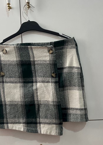 Düğmeli Gri Ekose Mini Etek - Görsel 4