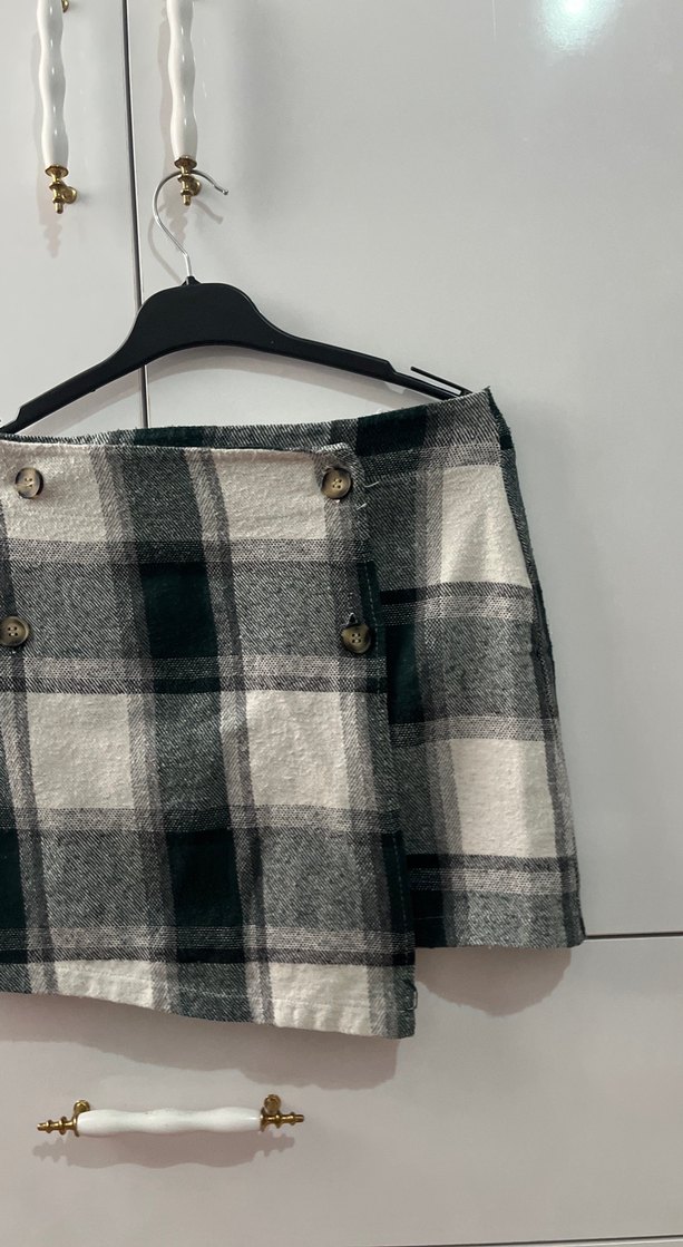 Düğmeli Gri Ekose Mini Etek - Görsel 4