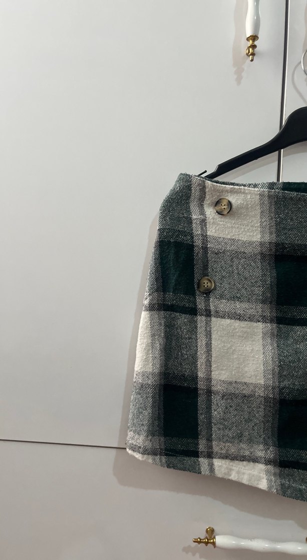 Düğmeli Gri Ekose Mini Etek - Görsel 3