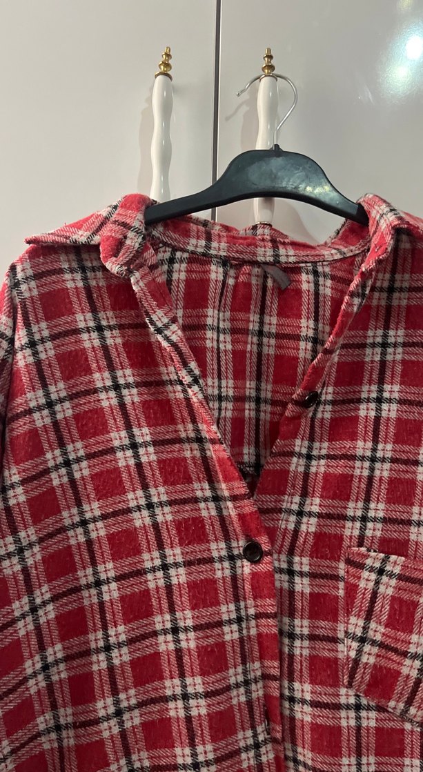 Gri Kareli Kırmızı Kadın Gömlek - Görsel 2