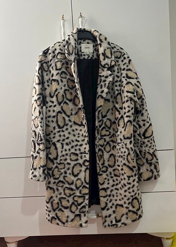 Gri Leopar Desenli Kadın Midi Peluş Mont - Görsel 2