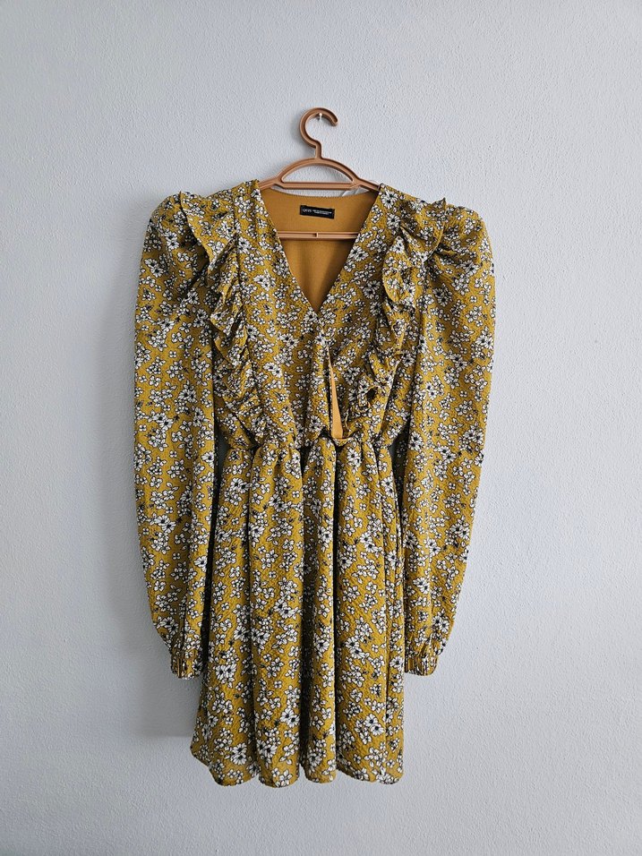 Sarı Yılan Desenli V Yaka Mini Elbise - Görsel 2