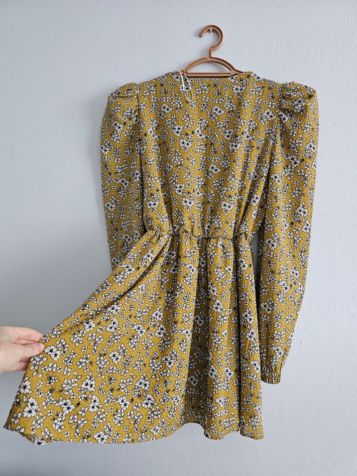 Sarı Yılan Desenli V Yaka Mini Elbise - Görsel 3